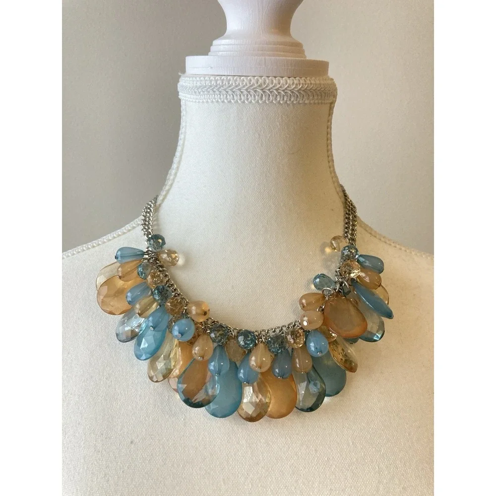 Colorful Acrylic Teardrop Necklace Blue‎ Orange Beaded Bib Collar Romantic